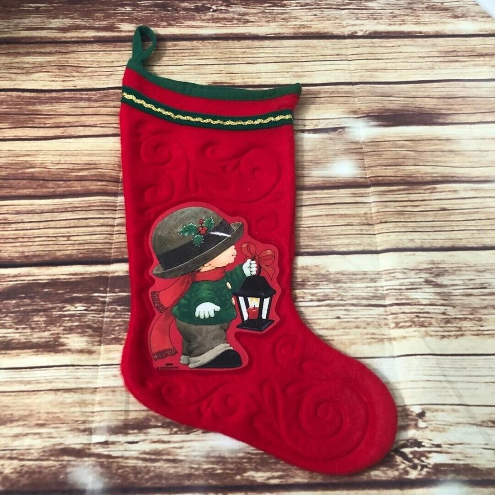 Vintage Morehead Red Felt Christmas Stocking Little Boy Holding Lantern